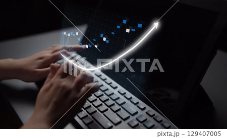 Hands Typing on Keyboard with Digital Graph and Upward Trend in Modern Workspace Showing Data Analysis and Business Growth Concept Copula Hands Typing on Keyboard with Digital Graph and Upward Trend in Modern Workspace Showing Data Analysis and Business Growth Concept Copula 129407005