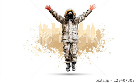 Joyful Winter Urban Explorer in Colorful Art Style with City Skyline Background 129407308