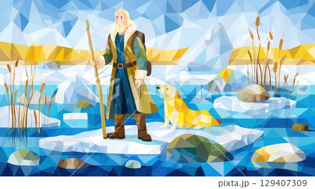 Polar Explorer with Dog on Iceberg in Colorful Geometric Art Style 129407309