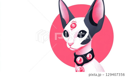 Stylized illustration of a cat in a quirky design with bold colors and abstract elements 129407356