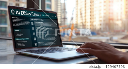 AI ethics responsibility standard law and rules on computer screen brisk 129407398