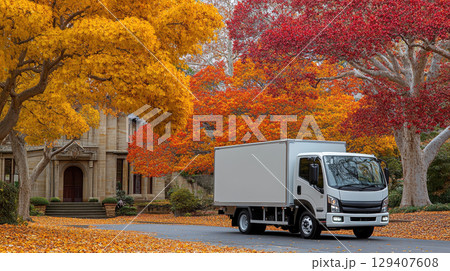 Autumn delivery truck amidst vibrant fall foliage residential street outdoor scene warm colors scenic view 129407608