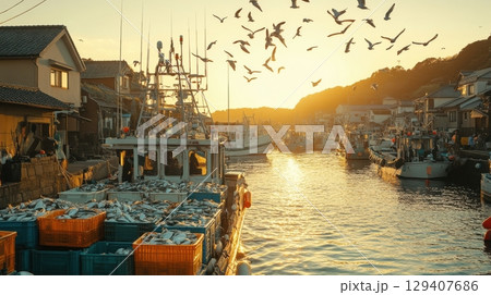 Fishing boats on sunset river coastal town scenic photography serene environment wide-angle view nature's beauty 129407686