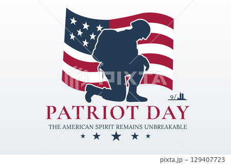 patriot day kneeling soldier silhouette with waving usa flag 129407723