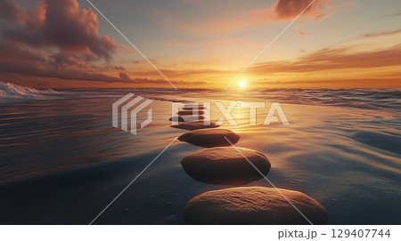Stepping grey stones with texture forwarding in beach sand and ocean water with sunset sky 129407744