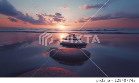 Stepping grey stones with texture forwarding in beach sand and ocean water with sunset sky 129407748