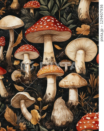 Vibrant mushroom growth in enchanted forest nature art rich colors serene environment artistic perspective botanical concept 129407936