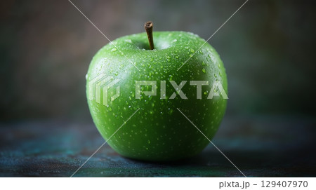 Closeup green apple closeup macro photo with waterdrop dark background 129407970