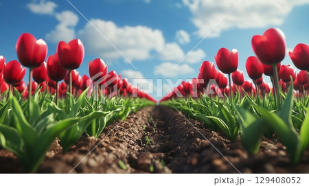 Red tulip farm land blooming flower with blue sky 129408052