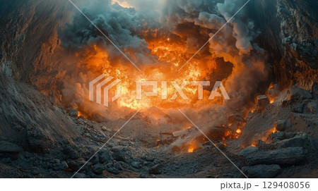 Volcanic eruption ignites chaotic landscape remote location nature photography dramatic atmosphere wide angle view natural disaster impact 129408056