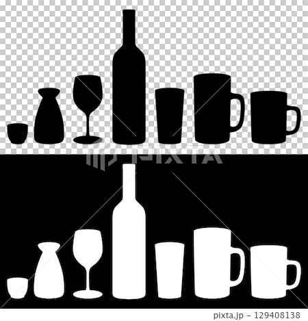 各種お酒のシルエット モノクロイラストセット 129408138