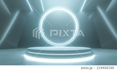 Circle blue neon light technology podium stage presentation in room modern technology 129408180