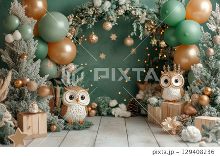 Whimsical owl-themed celebration festive decor indoor setting charming atmosphere front view holiday spirit 129408236