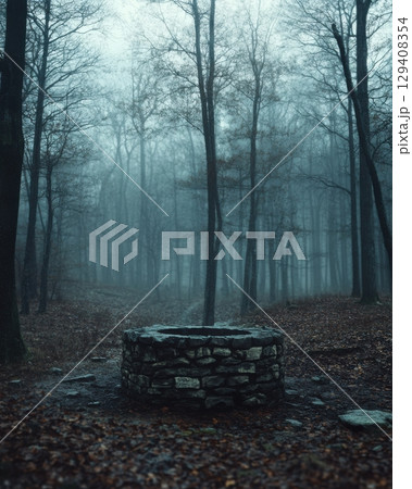 Mysterious foggy forest well enchanted woodlands photo serene nature ground perspective captivating ambiance Mysterious foggy forest well enchanted woodlands photo serene nature ground perspective captivating ambiance 129408354