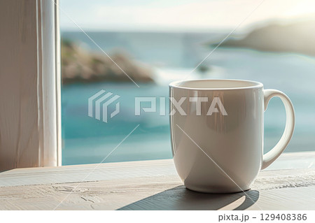 mug mock up of blank white coffee mug, mug on a table, sea on background . ai generative 129408386