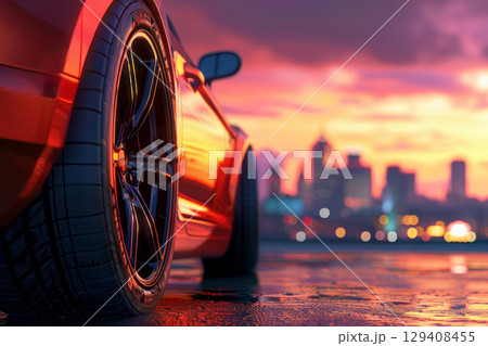 A red car with a black tire is parked on a city street 129408455