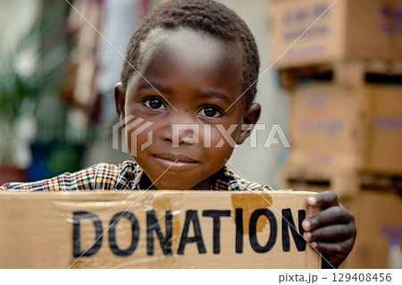 A young black boy is holding a box that says "donation" on it. ai generative A young black boy is holding a box that says "donation" on it. ai generative 129408456