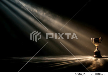 Golden trophy displayed on a pedestal under dramatic spotlight with light ray. 129408675