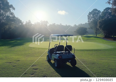 Golf cart on scenic green golf course nature photography early morning light tranquil setting leisure concept 129408685