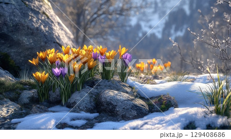 Spring blossoming actioncolorful crocuses emerging from snowy rocks nature landscape mountain view renewal concept 129408686