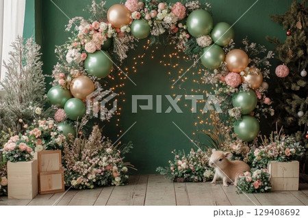 Festive pet portrait cozy studio photography floral decor close-up view celebrating joy and togetherness 129408692
