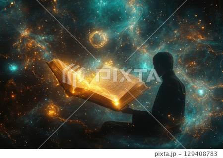 Cosmic journey of knowledgea silhouette reading a glowing book in a starry universe mystical environment imaginative perspective 129408783