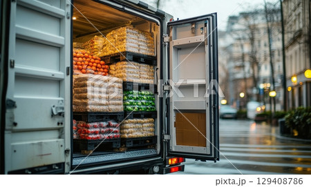 Food delivery action city street transport vehicle urban environment side view fresh produce supply chain 129408786