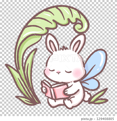 Cute bunny fairy reading book under large leaf canopy in pastel kawaii style featuring adorable spring forest animal illustration perfect for nursery art childrens prints and whimsical fantasy designs Cute bunny fairy reading book under large leaf canopy in pastel kawaii style featuring adorable spring forest animal illustration perfect for nursery art childrens prints and whimsical fantasy designs 129408805
