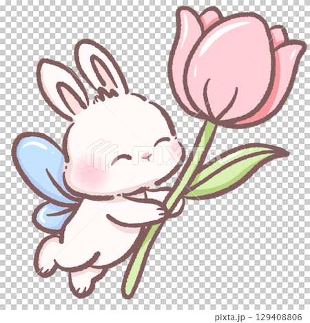 Adorable kawaii bunny fairy flying while holding a pink tulip cute pastel rabbit with blue wings whimsical spring floral theme illustration perfect for childrens designs fantasy art and creative proje Adorable kawaii bunny fairy flying while holding a pink tulip cute pastel rabbit with blue wings whimsical spring floral theme illustration perfect for childrens designs fantasy art and creative proje 129408806