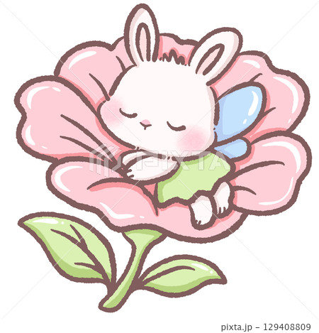Adorable bunny fairy sleeping inside pink flower kawaii rabbit with blue wings and green dress pastel spring floral illustration whimsical woodland nursery decor cute animal art for kids and baby Adorable bunny fairy sleeping inside pink flower kawaii rabbit with blue wings and green dress pastel spring floral illustration whimsical woodland nursery decor cute animal art for kids and baby 129408809