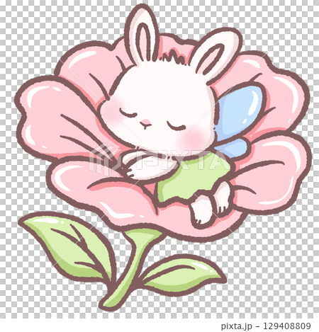 Adorable bunny fairy sleeping inside pink flower kawaii rabbit with blue wings and green dress pastel spring floral illustration whimsical woodland nursery decor cute animal art for kids and baby Adorable bunny fairy sleeping inside pink flower kawaii rabbit with blue wings and green dress pastel spring floral illustration whimsical woodland nursery decor cute animal art for kids and baby 129408809