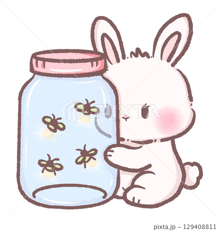 Adorable bunny holding jar of glowing fireflies in pastel kawaii style with whimsical forest animal illustration perfect for nighttime scenes nursery prints greeting cards stickers and cute fantasy ar Adorable bunny holding jar of glowing fireflies in pastel kawaii style with whimsical forest animal illustration perfect for nighttime scenes nursery prints greeting cards stickers and cute fantasy ar 129408811