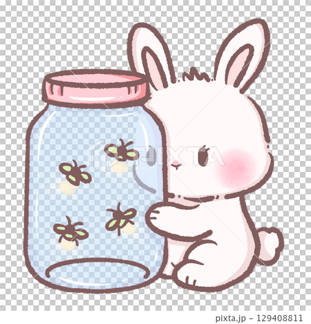 Adorable bunny holding jar of glowing fireflies in pastel kawaii style with whimsical forest animal illustration perfect for nighttime scenes nursery prints greeting cards stickers and cute fantasy ar Adorable bunny holding jar of glowing fireflies in pastel kawaii style with whimsical forest animal illustration perfect for nighttime scenes nursery prints greeting cards stickers and cute fantasy ar 129408811