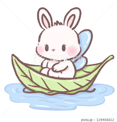 Cute white bunny fairy riding green leaf boat on water kawaii spring rabbit illustration whimsical garden fantasy character pastel cartoon nature adorable digital art design 129408812