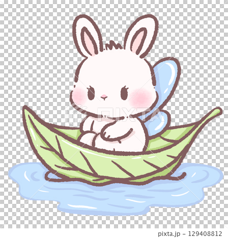 Cute white bunny fairy riding green leaf boat on water kawaii spring rabbit illustration whimsical garden fantasy character pastel cartoon nature adorable digital art design 129408812