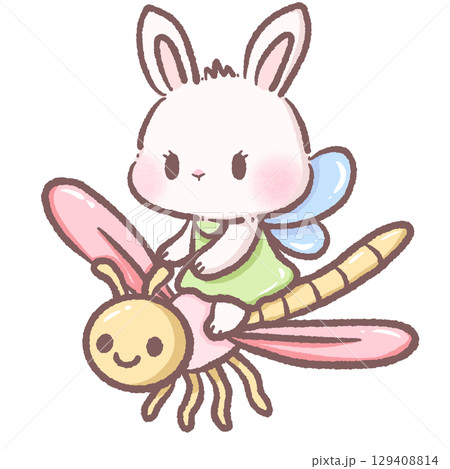 Sweet bunny fairy riding pink dragonfly in pastel kawaii style with adorable fantasy animal illustration perfect for spring themes nursery decor childrens wall art greeting cards and whimsical designs 129408814