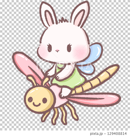 Sweet bunny fairy riding pink dragonfly in pastel kawaii style with adorable fantasy animal illustration perfect for spring themes nursery decor childrens wall art greeting cards and whimsical designs 129408814