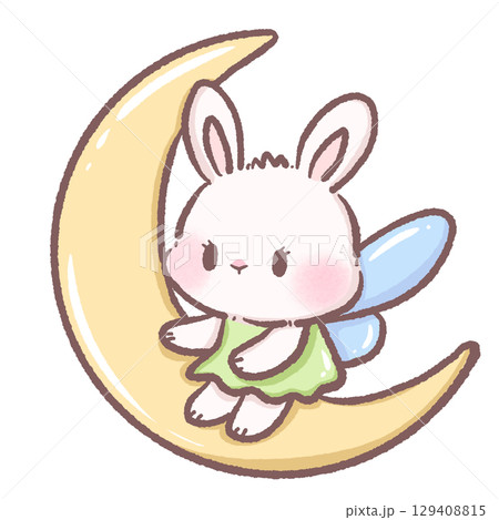 Cute bunny fairy sitting on crescent moon illustration kawaii rabbit with blue wings and green dress magical night sky character design whimsical celestial art for nursery and children room decor 129408815