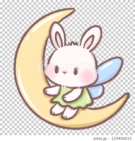 Cute bunny fairy sitting on crescent moon illustration kawaii rabbit with blue wings and green dress magical night sky character design whimsical celestial art for nursery and children room decor 129408815