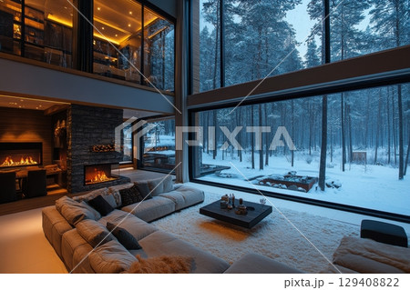 Winter retreat cozy living room with panoramic forest view modern architecture snowy environment indoor comfort nature integration 129408822