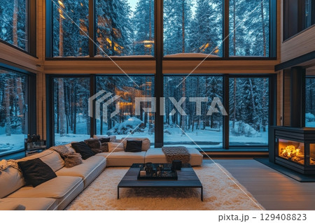 Cozy winter retreat modern cabin living room snowy forest view relaxing atmosphere tranquil setting for ultimate comfort 129408823