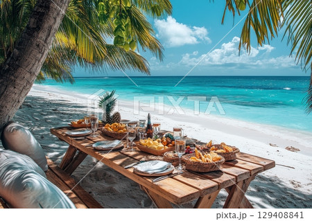 Tropical beach picnic maldives food spread sunny oceanfront relaxed setting culinary delight for ultimate relaxation 129408841