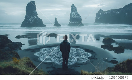 Person Contemplating Mandala on Iceland's Reynisfjara Beach 129408975