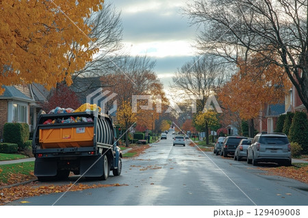 Trash collection event in autumn-foliage neighborhood urban street scene early morning peaceful ambiance environmental awareness 129409008