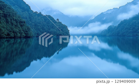 Serene reflection of mountains on tranquil lake nature landscape misty environment peaceful viewpoint serenity concept 129409009
