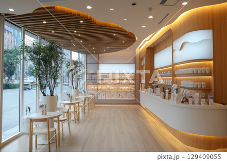 A store with a lot of white shelves and a lot of white tables 129409055