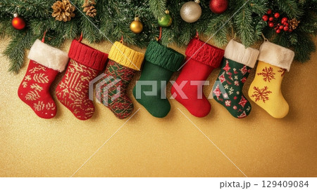 A row of colorful stockings hanging from a tree A row of colorful stockings hanging from a tree 129409084