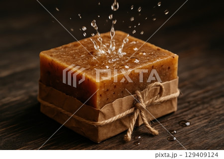 Natural handmade soap bar with water splashes on dark wooden surface 129409124