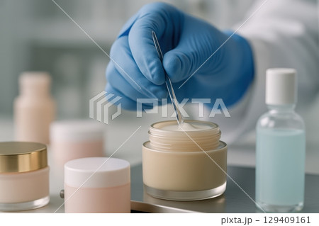 Gloved hand stirring cosmetic cream in a jar, symbolizing product development and quality control 129409161