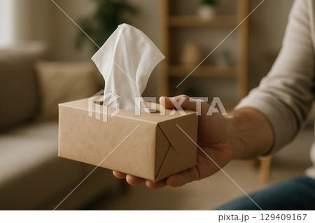Man hand offering a brown box of white tissues in a cozy home setting. 129409167
